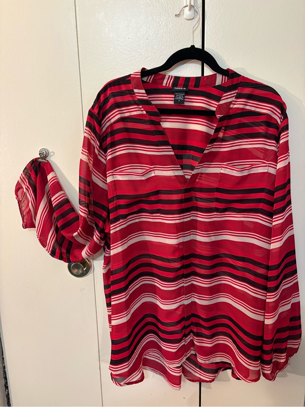 Torrid Red Striped V-Neck Blouse